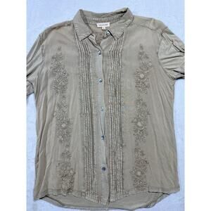Solitaire Embroidered Pin-Tuck Button Down L Taupe Peasent Boho Cottagecore